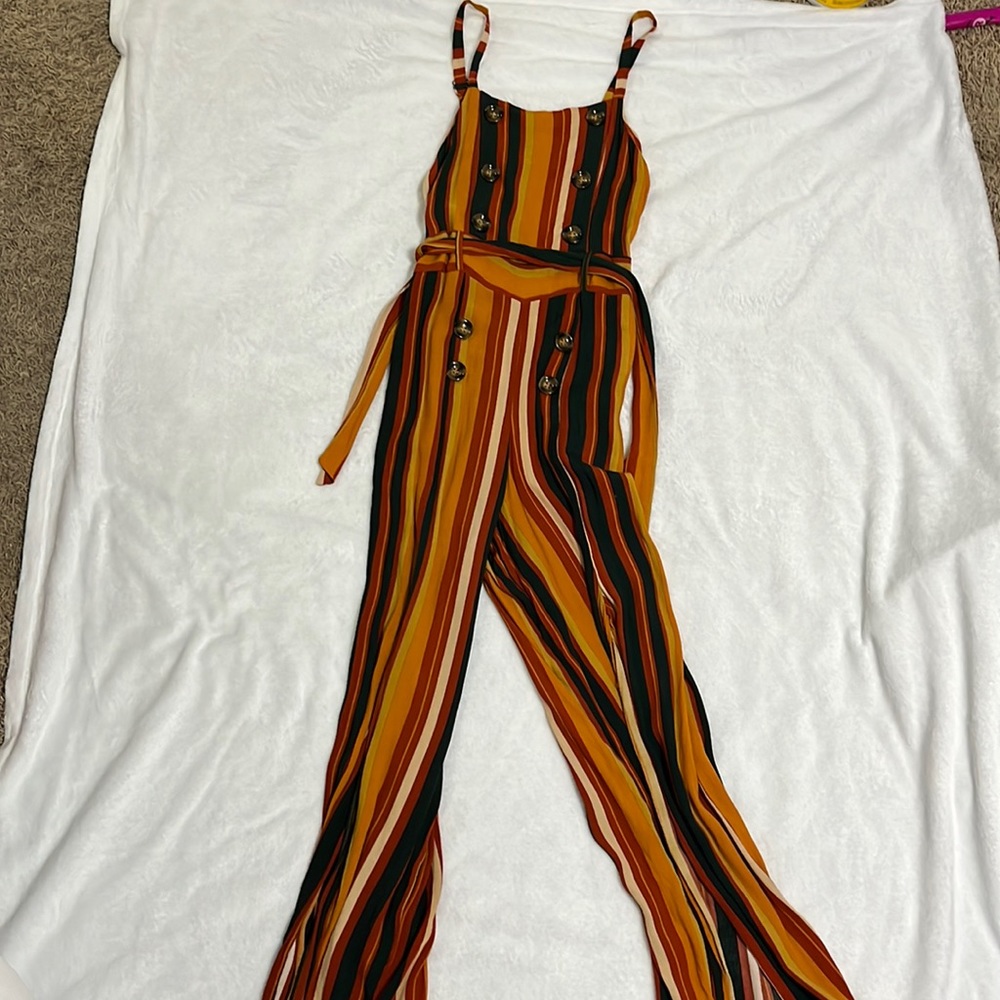 Wide Leg W/ Slit Striped Jumpsuit; Button Detailing, Plain Zip Up Back, Tie Belt